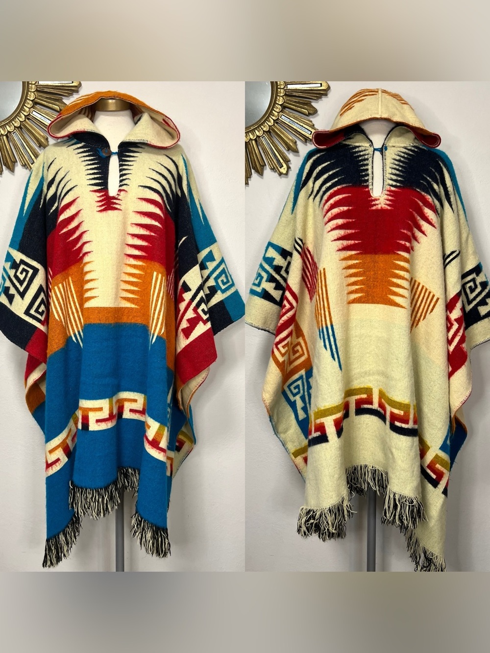 Hooded Aztec Alpaca Wool Unisex Ruana Poncho Sweater